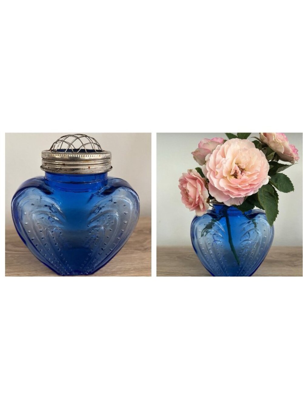 ASP 2004 Blue Glass Heart Shaped Vase 3D Raised Relief Textured Flower Frog Lid